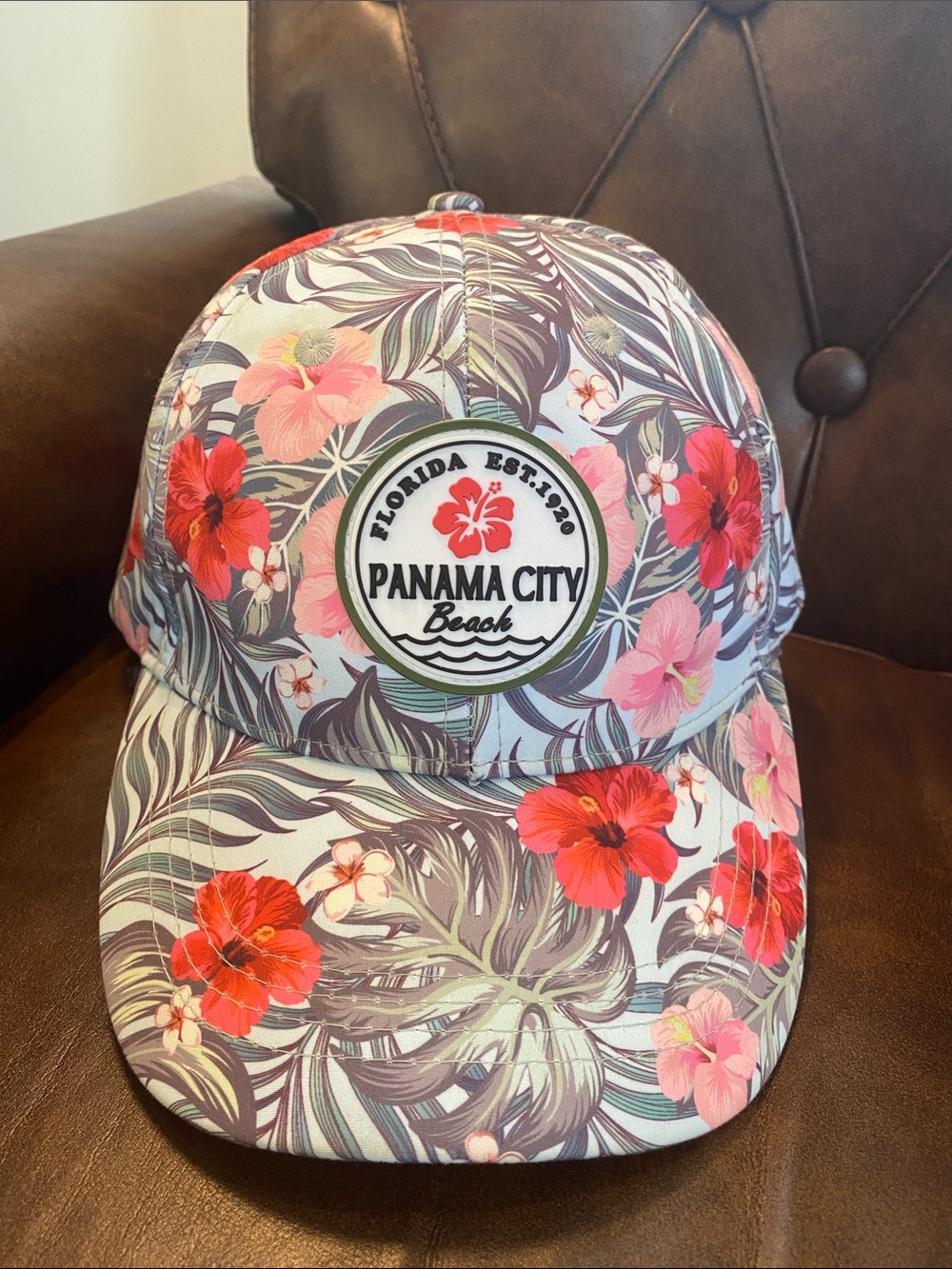 Panama City Beach Floral Baseball Cap Pink & Red Flowers Waterproof SPF Pool 🏝️